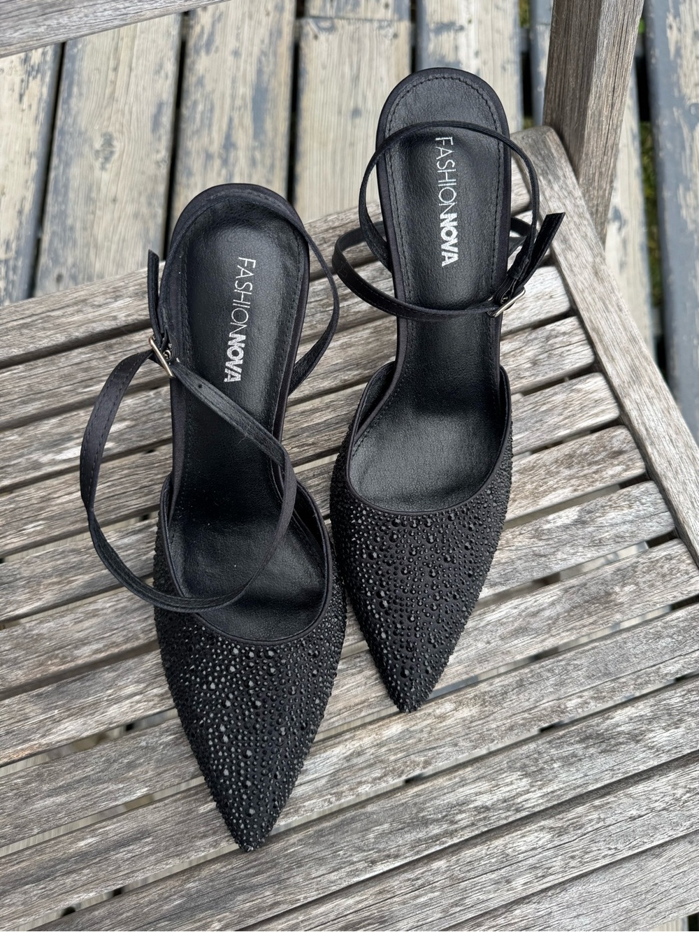 Fashion Nova Black Pointed Crystal-Embellished Ankle-Strap Heels